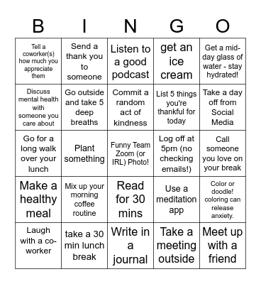 IP Mental Health Awareness Bingo Card