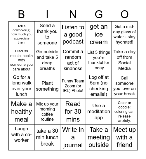 IP Mental Health Awareness Bingo Card