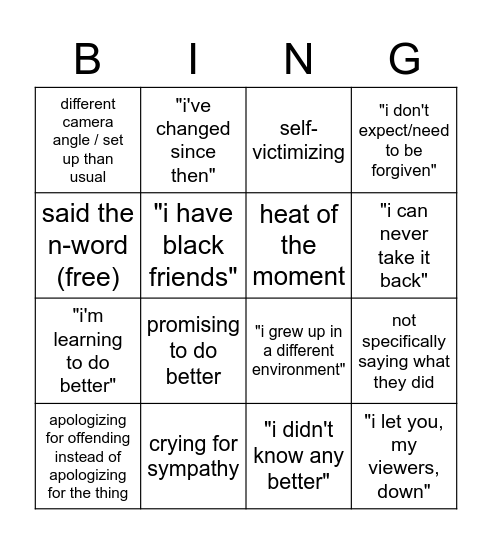 n-word apology bingo Card