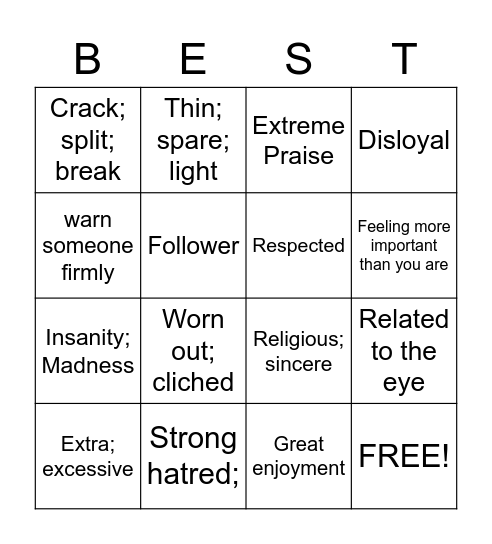 Words in Context Bingo Card