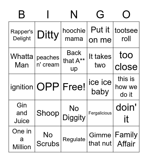 Hip Hop/Rap Bingo Card