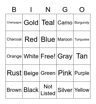 Car Colors Bingo Card