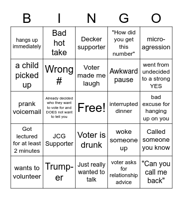 Juan Carlos Gonzalez and Brian Decker Phonebank Bingo Card