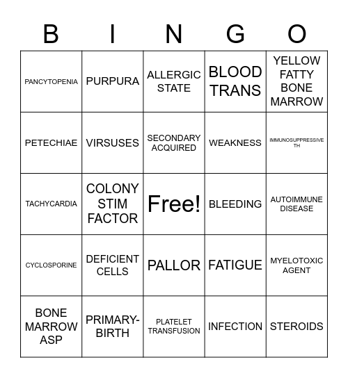 APLASTIC ANEMIA Bingo Card