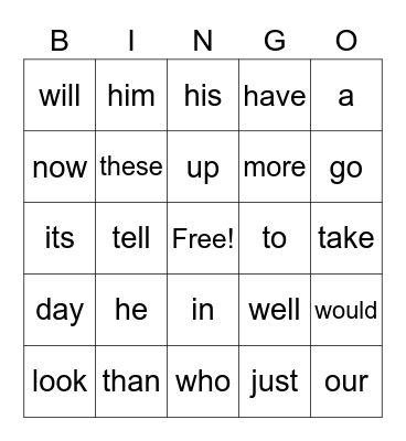 100 Common words Bingo Card