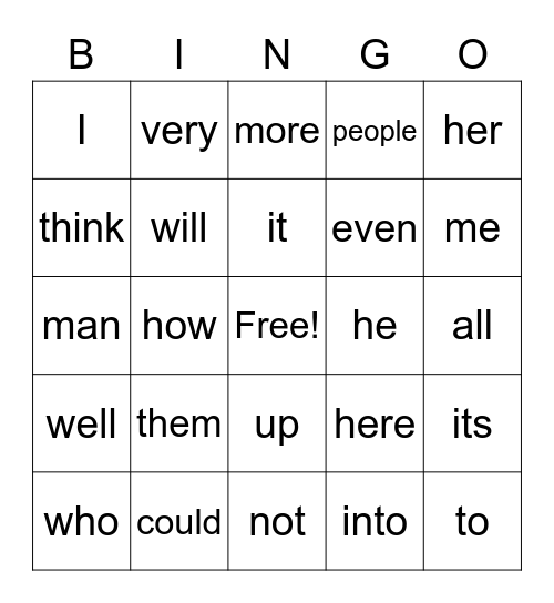 100 Common Words Bingo Card