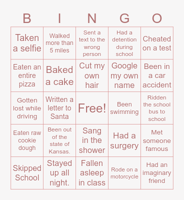 Never Have I Ever Bingo Card