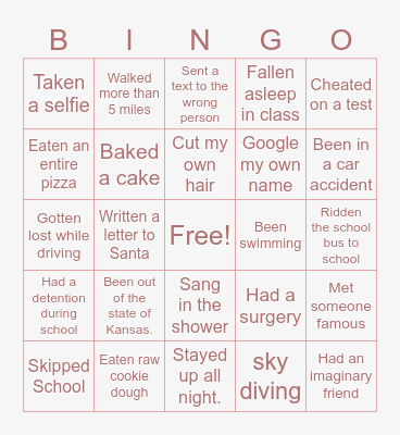 Never Have I Ever Bingo Card
