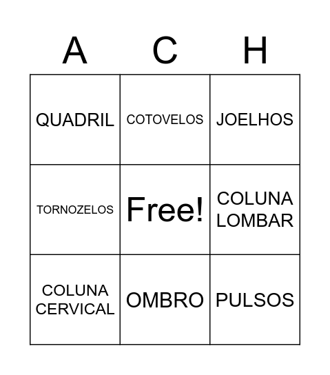 articulações do corpo humano Bingo Card