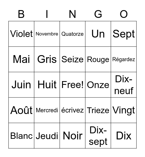 French Vocabulary Bingo Card