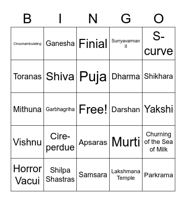 Hindu Vocabulary Bingo Card