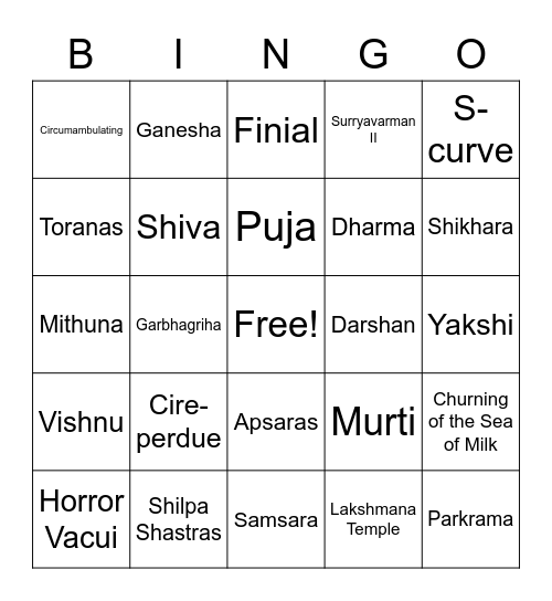 Hindu Vocabulary Bingo Card