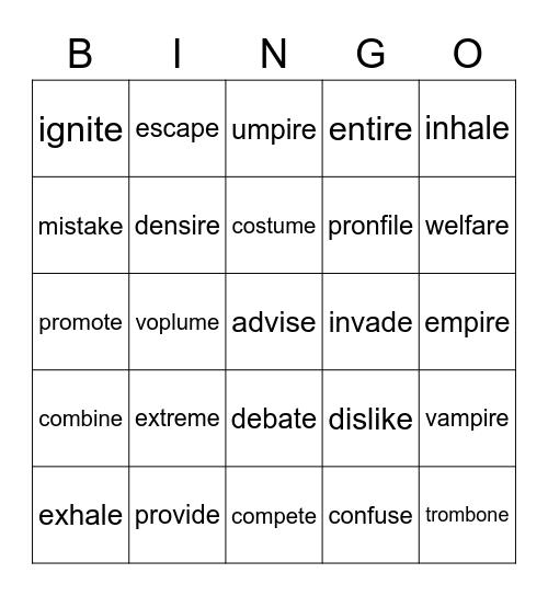 2 Syllable- Silent e words Bingo Card
