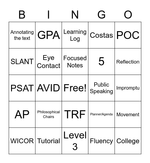 AVID Bingo Card