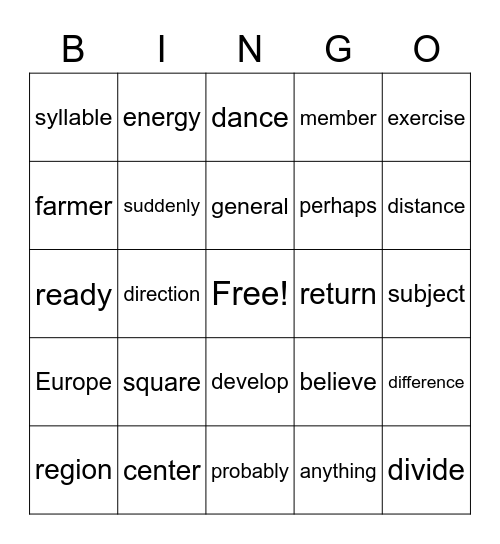 600 - 1 words Bingo Card