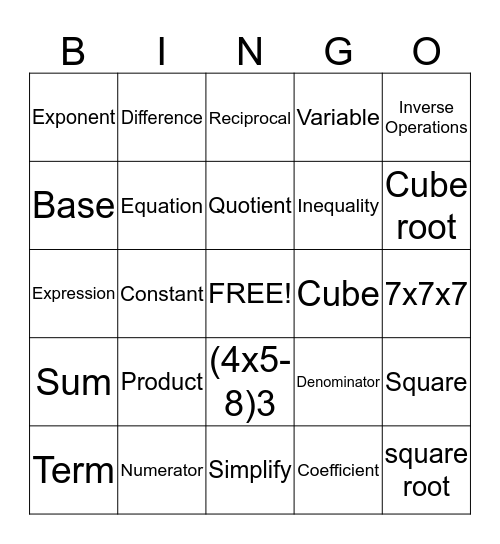 Unit 1 Vocab Bingo Card
