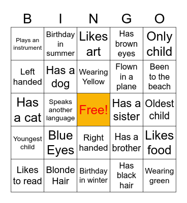 All About Me Bingo Card