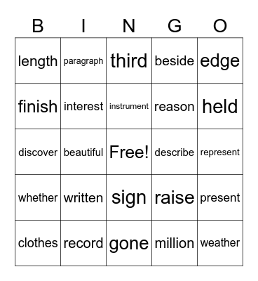 600 - 3/4 words Bingo Card