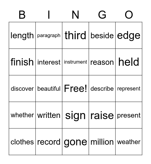 600 - 3/4 words Bingo Card