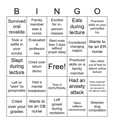 STUDENT NURSE BINGO Card