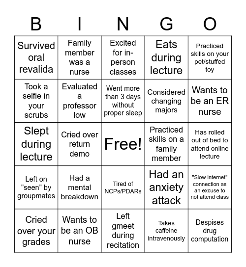 STUDENT NURSE BINGO Card