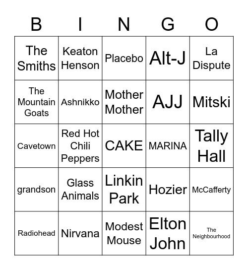 Phantom's Favorite Artists Bingo Card