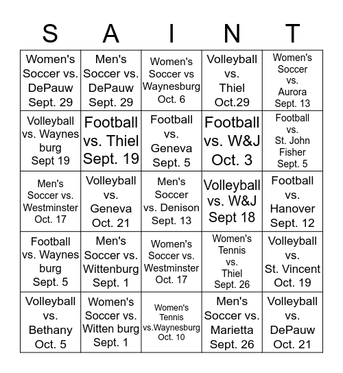 Saints Bingo Card