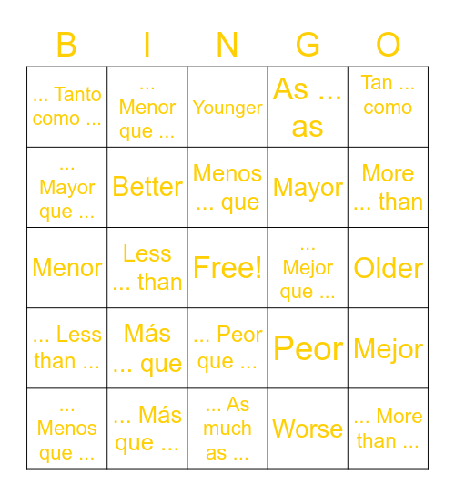 Spanish Bingo! Bingo Card