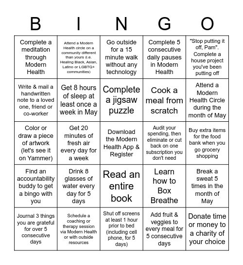 #MentalHealthFirst Bingo Card