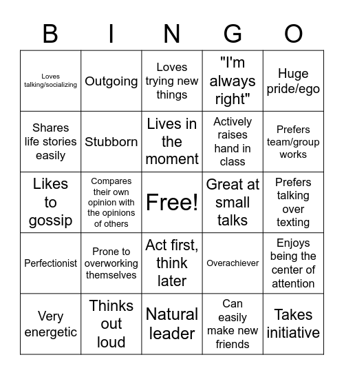 EXTROVERTED BINGO Card