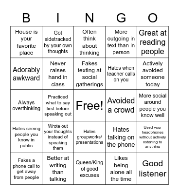 INTROVERTED BINGO Card