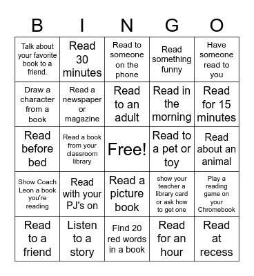 Reading Bingo Card