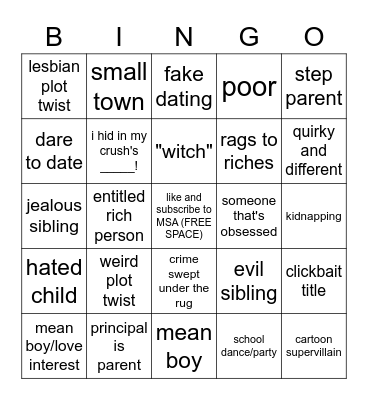 MSA (My Story Animated) Bingo Card