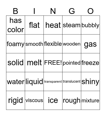 Solids and Liquids Bingo Card