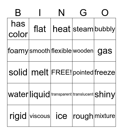 Solids and Liquids Bingo Card