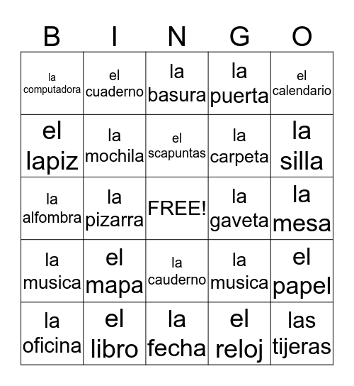 Spanish Bingo Card