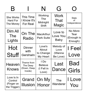 Donna Summer Songs Bingo Card