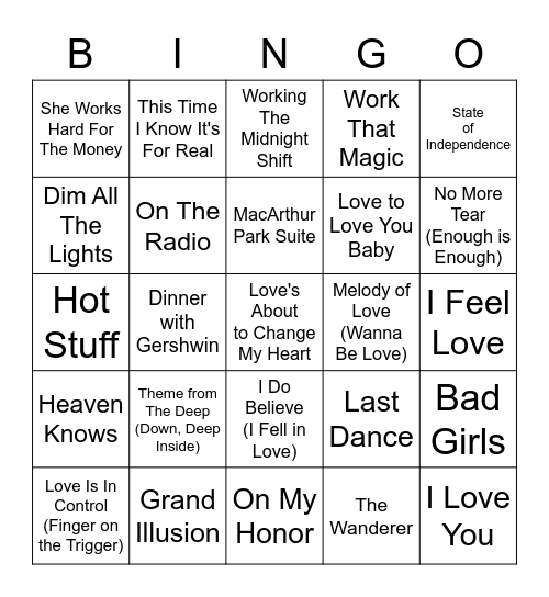 Donna Summer Songs Bingo Card