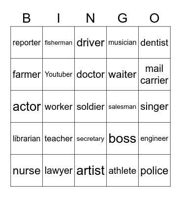 Occupation Vocabulary Bingo Card