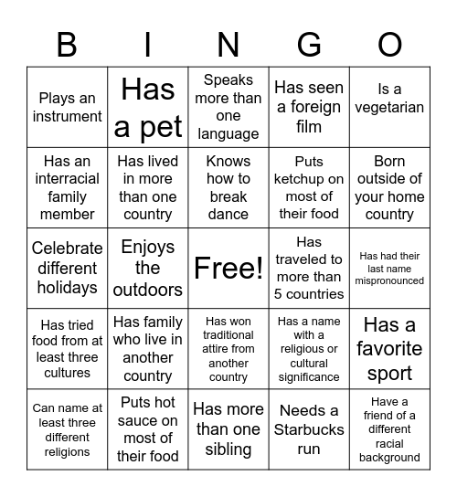 Cultural Diversity Bingo Card