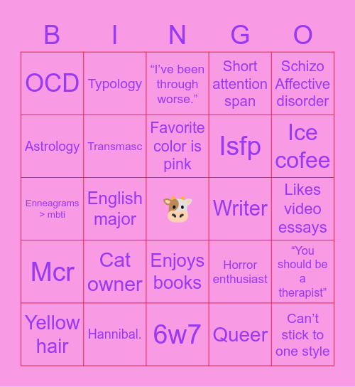 Ansel’s Bingo Card