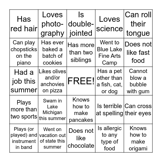 First Day Choir Mixer! Bingo Card