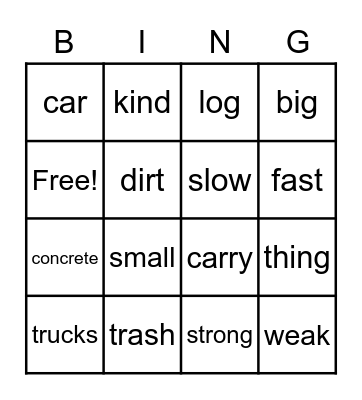 Trucks Bingo Card