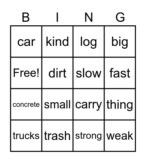 Trucks Bingo Card