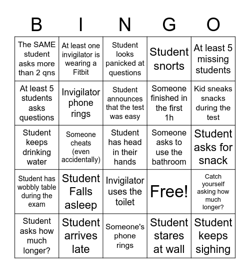 Exam Proctoring Bingo Card