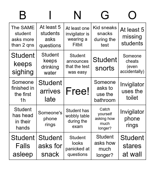 Exam Proctoring Bingo (N) Bingo Card