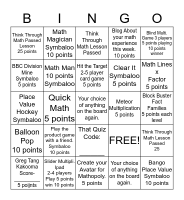 Mathopoly Bingo Card