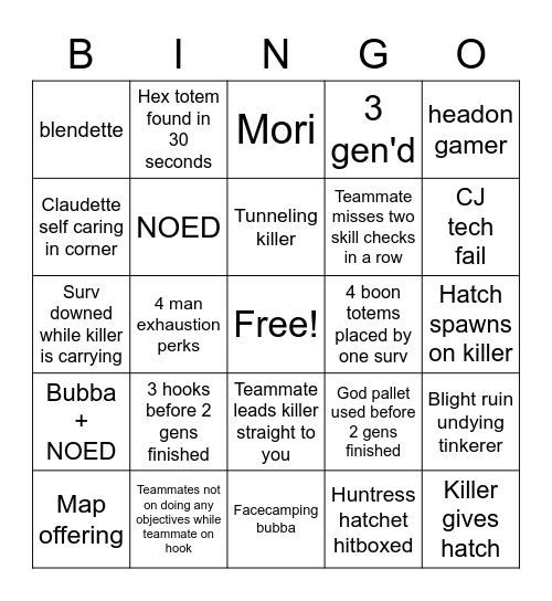 DBD Survivor Bingo Card