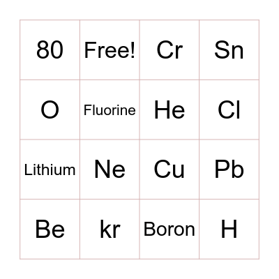 Periodic Table Bingo Card