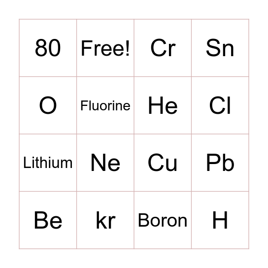 Periodic Table Bingo Card